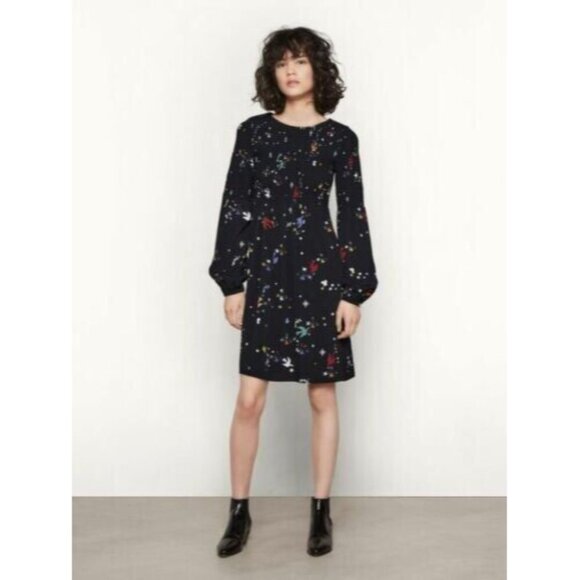 Maje Reskita Star & Swallow Smocked Crepe Whimsigoth Dress Sz 1 Boho Novelty - Picture 1 of 7